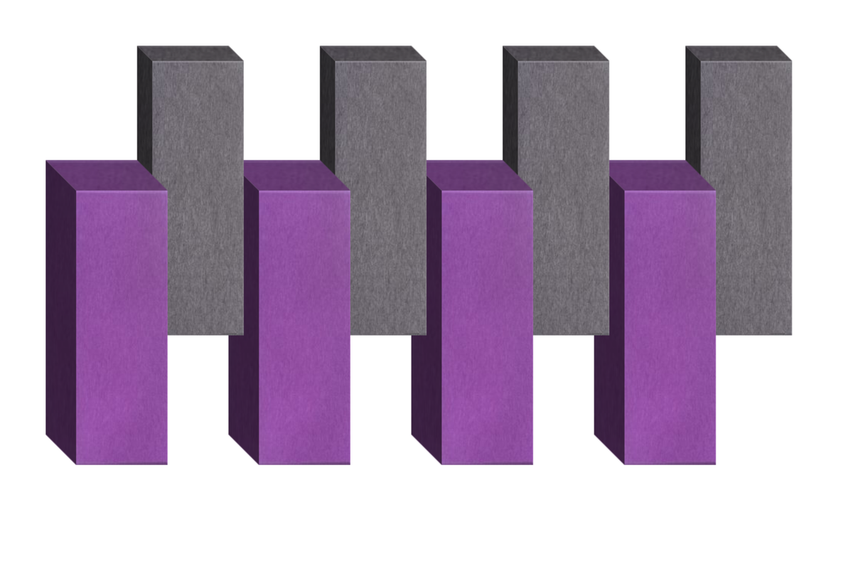 Four purple rectangular prisms alternating with four gray rectangular prisms in 3D isometric arrangement.
