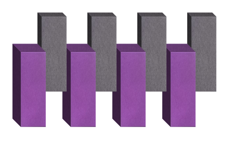 Four purple rectangular prisms alternating with four gray rectangular prisms in 3D isometric arrangement.