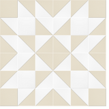 Ivory and beige quilted fabric with repeating eight-pointed star pattern formed by triangular pieced blocks.