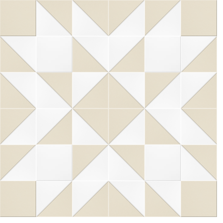 Ivory and beige quilted fabric with repeating eight-pointed star pattern formed by triangular pieced blocks.