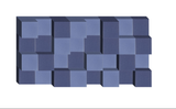 Three-dimensional abstract design with interlocking blue and navy cubes creating a geometric pattern.