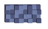 Three-dimensional geometric wall art with interlocking blue and navy square tiles in varying shades.