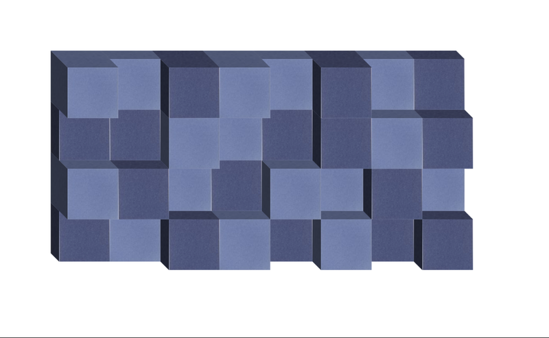 Three-dimensional abstract composition with interlocking blue and navy rectangular blocks arranged in a checkered pattern.