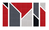 Geometric tile design with red, dark gray, light gray, and black sections separated by white diagonal lines.