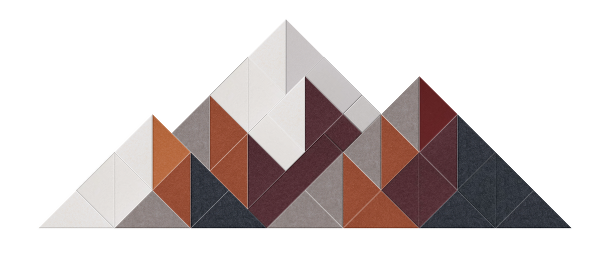 Abstract mountain design with geometric triangles in cream, rust, burgundy, gray, and charcoal tones.