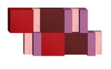 3D geometric arrangement of stacked rectangular blocks in red, burgundy, pink, and purple tones.