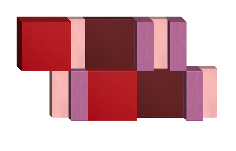 3D geometric arrangement of stacked rectangular blocks in red, burgundy, pink, and purple tones.