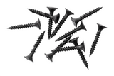 Black drywall screws in various sizes with flat countersunk heads arranged on white background.