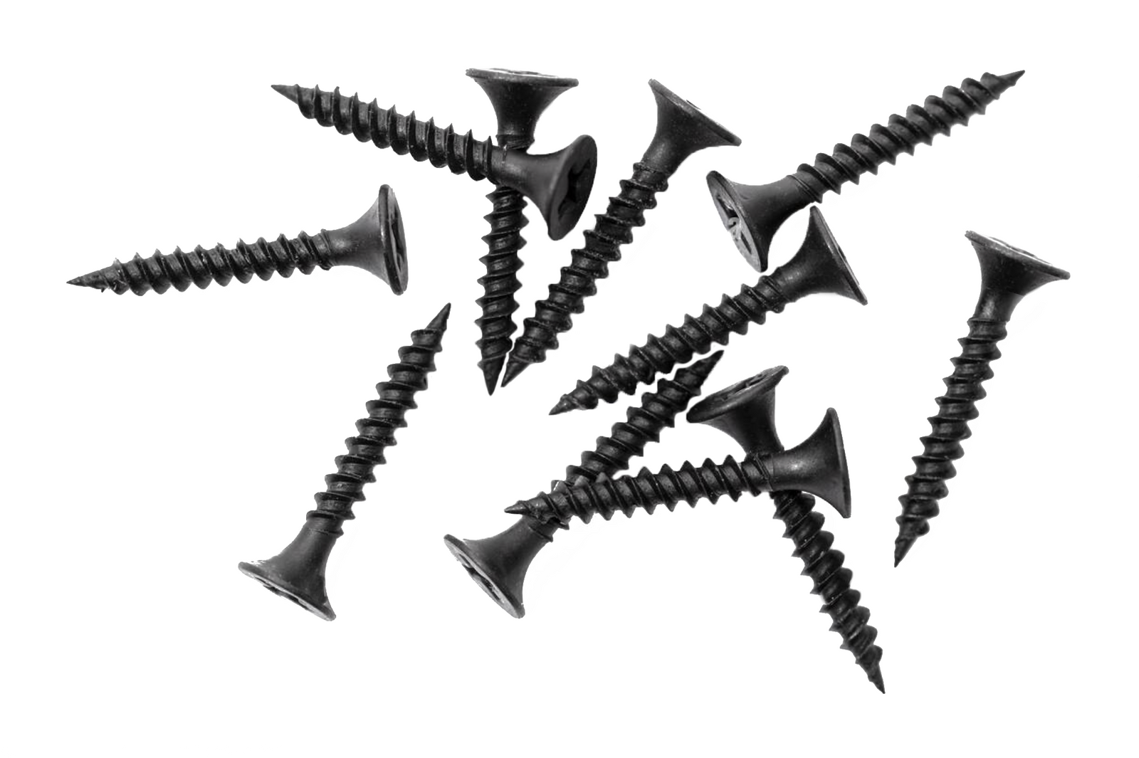 Black drywall screws in various sizes with flat countersunk heads arranged on white background.