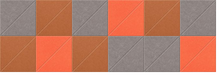 Grid pattern of gray and terracotta tiles with diagonal line texture across each square.