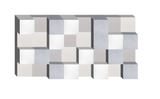 3D geometric wall panel with interlocking white, beige, and gray textured squares in a staggered arrangement.