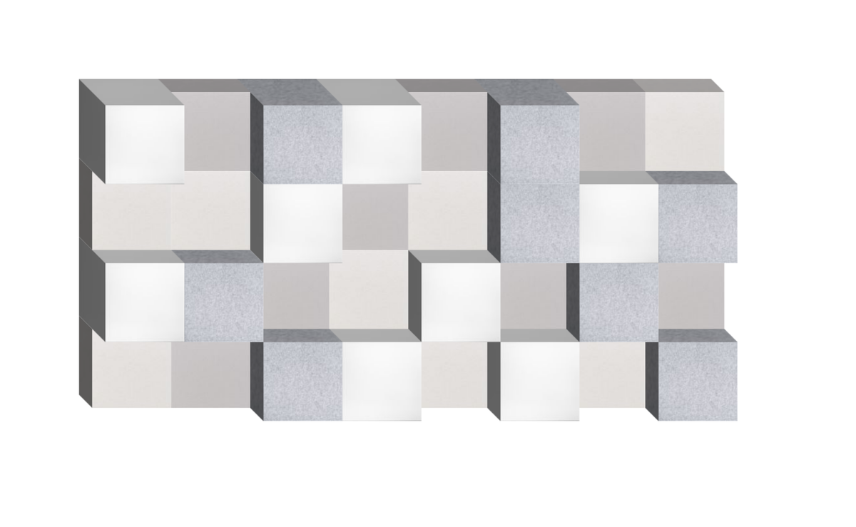 3D geometric wall panel with interlocking white, beige, and gray textured squares in a staggered arrangement.