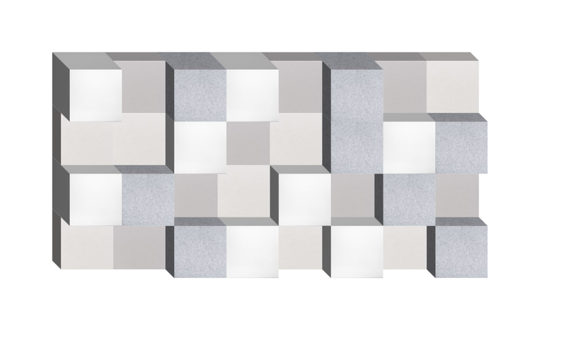 3D geometric wall panel with interlocking white, beige, and gray textured squares in a staggered arrangement.