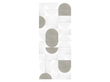 Vertical tile panel with white rectangular tiles and gray semicircular and oval shapes in geometric pattern.