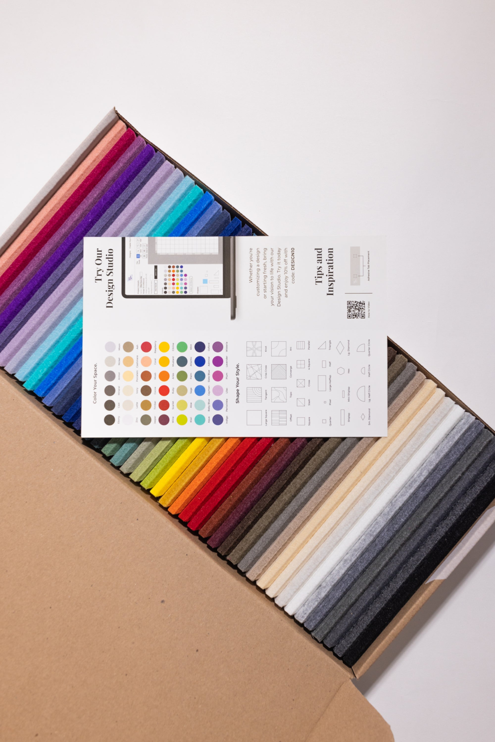 Felt Right's 42 color sample kit on a white tabletop