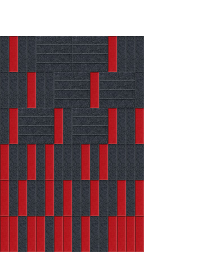 Charcoal and red geometric brick pattern textile with alternating vertical stripe design.