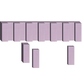 Three-dimensional illustration of seven connected lavender boxes with dark gray edges arranged in a row above three separate 