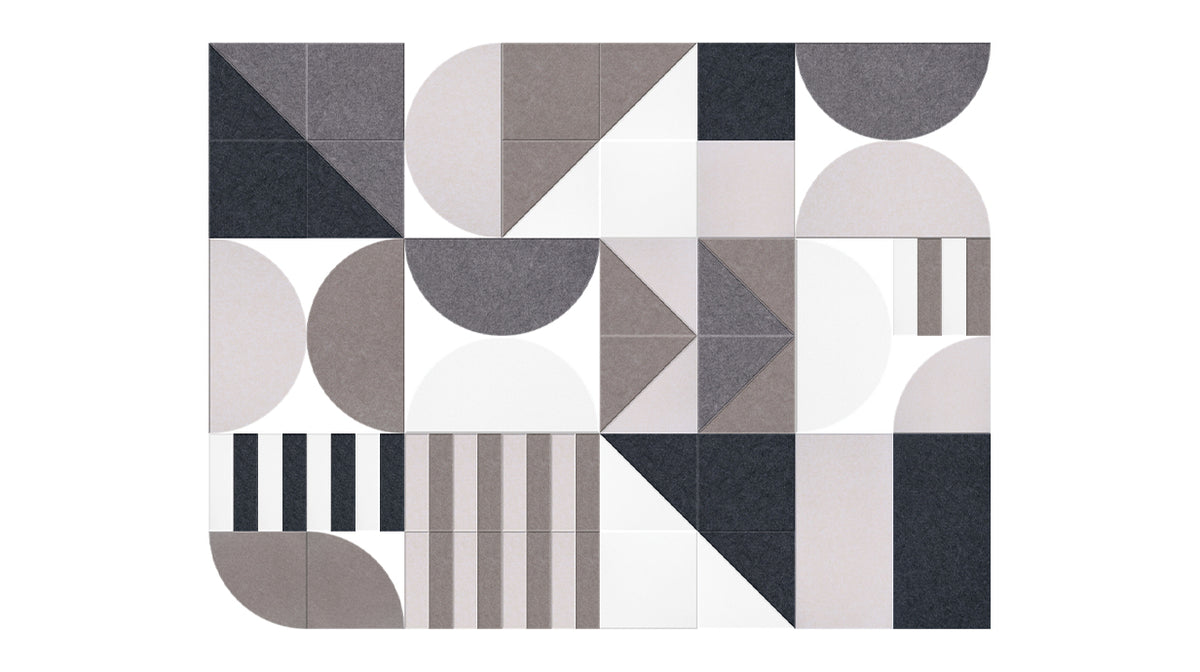 A Felt Right wall art design using half circles and stripes in shades of grey.