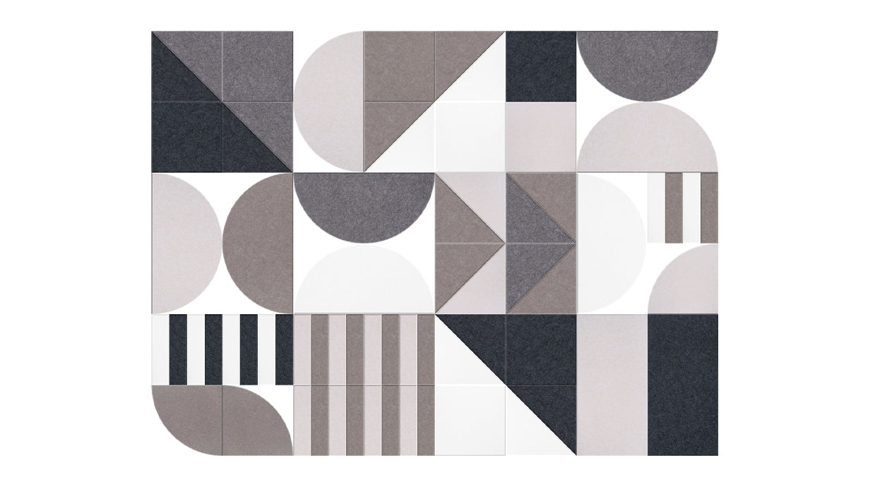 A Felt Right wall art design using half circles and stripes in shades of grey.