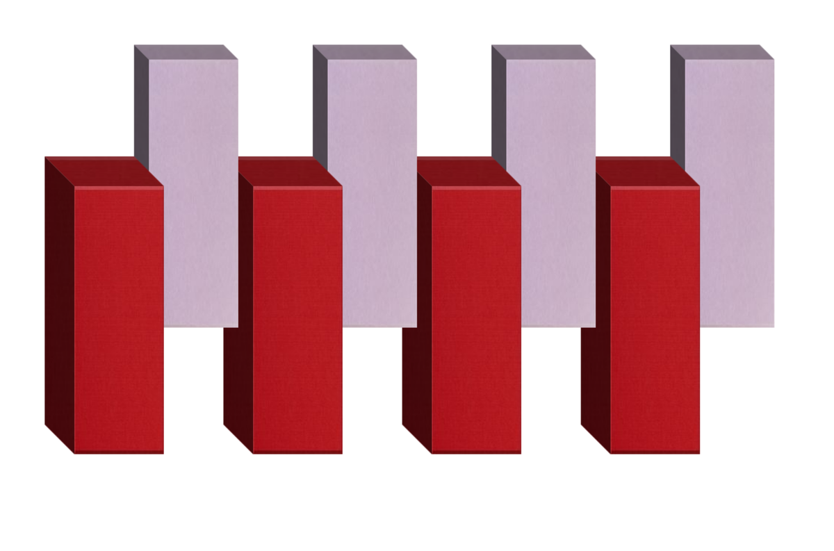 Four 3D rectangular blocks in red and lavender arranged in alternating pattern.