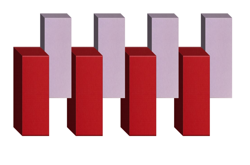Four 3D rectangular blocks in red and lavender arranged in alternating pattern.