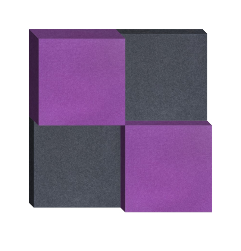 Three-dimensional geometric design with alternating purple and charcoal gray square panels arranged in a checkerboard pattern
