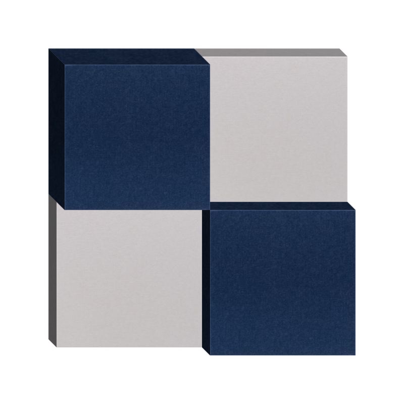 Three-dimensional geometric composition with dark blue and gray cubes arranged in alternating pattern.