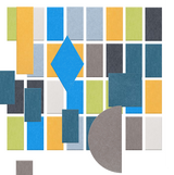 Abstract geometric pattern with blue diamond shape, colored rectangles in yellow, green, gray, and teal arranged on white bac