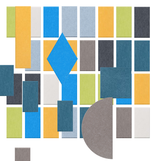 Abstract geometric pattern with blue diamond shape, colored rectangles in yellow, green, gray, and teal arranged on white bac