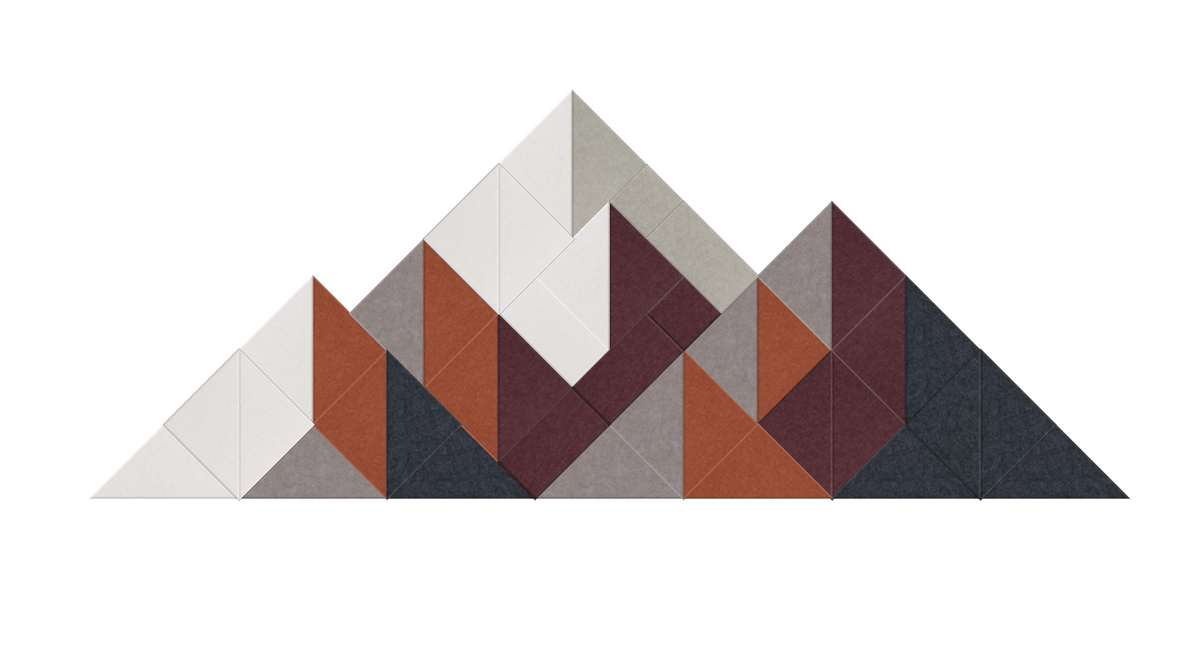 Geometric mountain design with overlapping triangles in cream, rust, burgundy, gray, and charcoal tones.