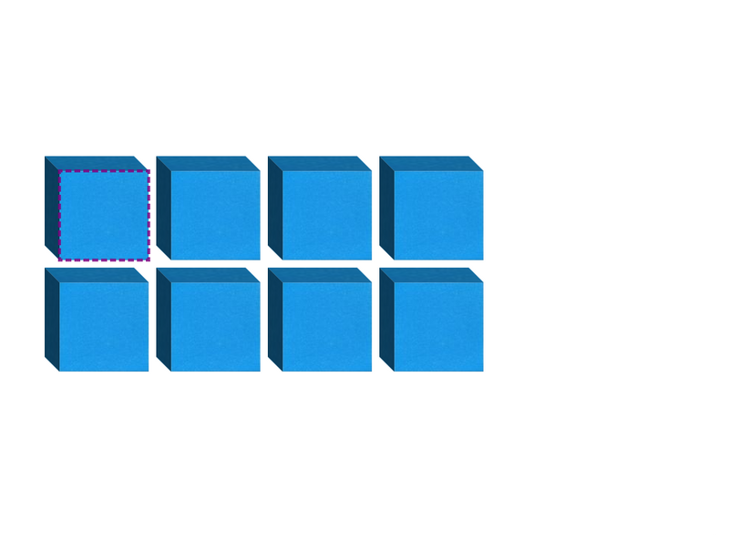 Eight blue 3D cubes arranged in two rows of four, with the top-left cube outlined in white dashes.