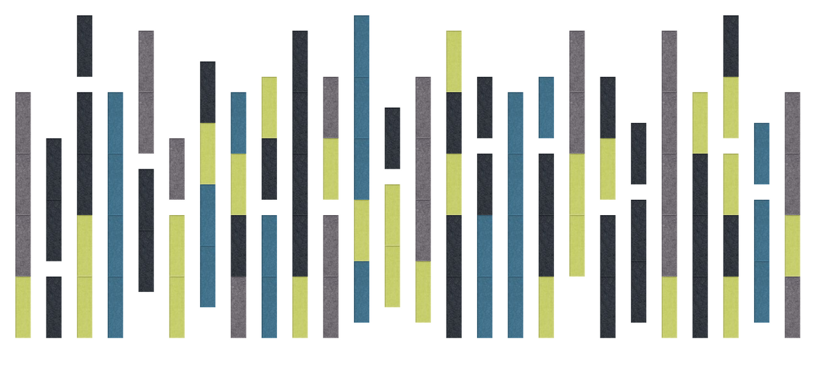 Vertical striped pattern in black, gray, teal, and yellow segments arranged in columns.