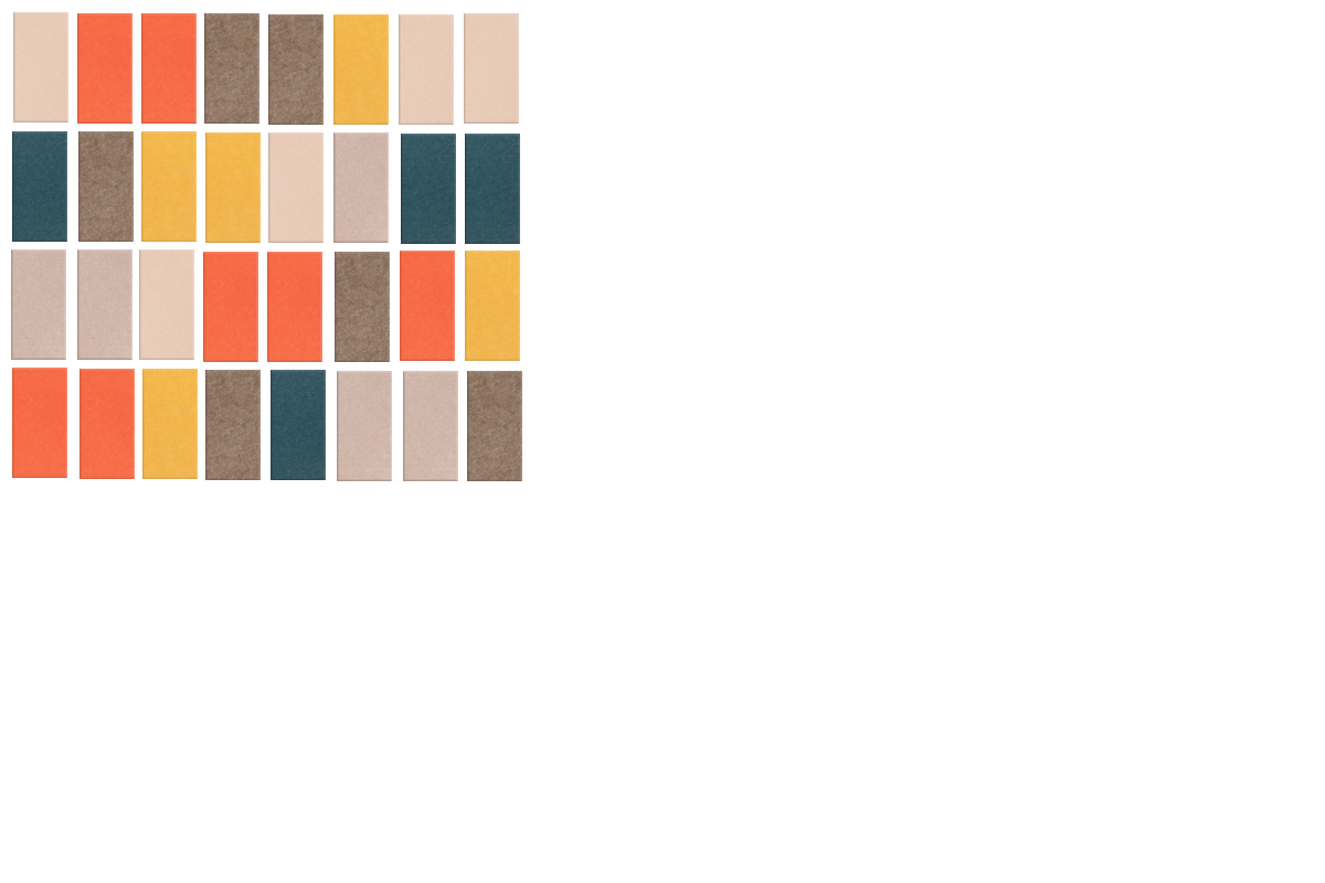 Mosaic grid pattern with rust, gold, tan, brown, and teal rectangular color blocks arranged in four rows.