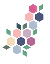 Geometric hexagon and diamond shapes in pink, navy, green, purple, cream, and light blue arranged in a vertical cluster patte