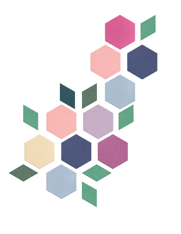 Geometric hexagon and diamond shapes in pink, navy, green, purple, cream, and light blue arranged in a vertical cluster patte