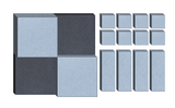Acoustic foam panels in light blue and charcoal gray arranged in geometric pattern with 16 additional small square tiles.