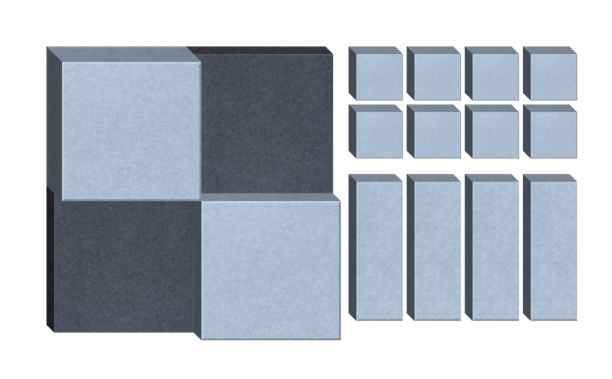 Acoustic foam panels in light blue and charcoal gray arranged in geometric pattern with 16 additional small square tiles.