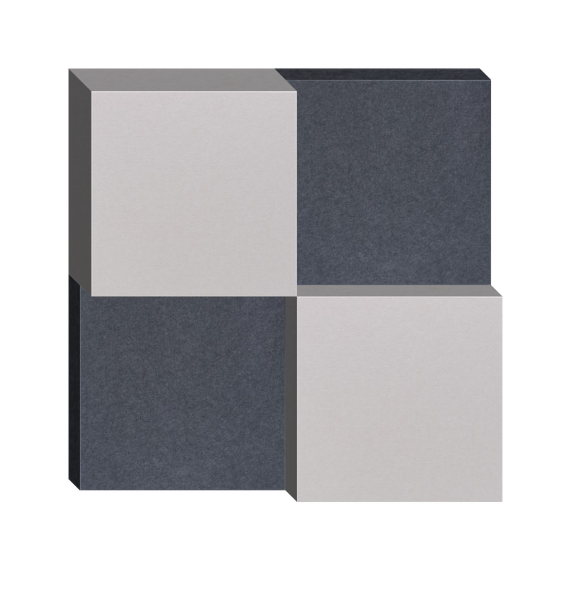 Three-dimensional cube with four alternating light gray and dark gray squares arranged in a checkerboard pattern.