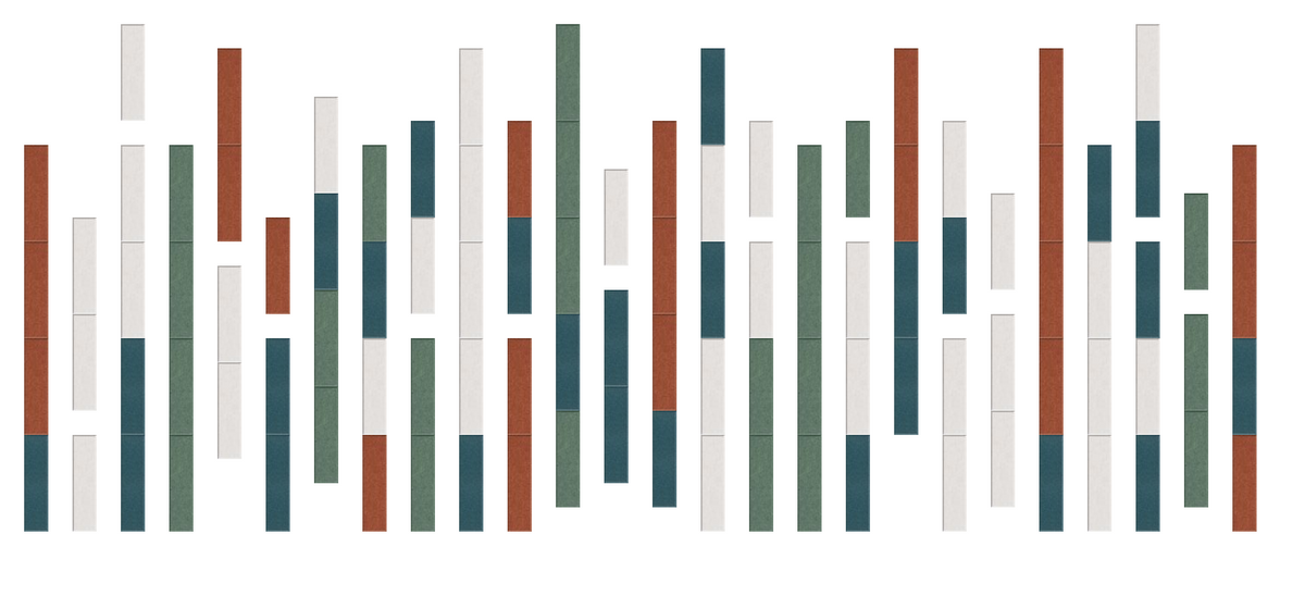 Abstract bar chart with stacked vertical bars in rust, navy, forest green, and cream colors.