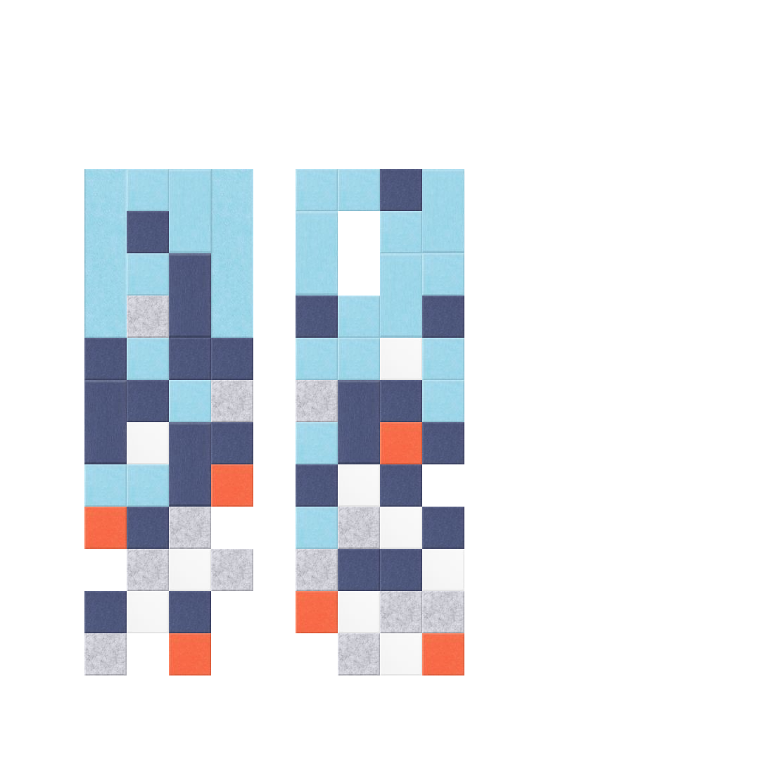 Two pixelated speaker designs in light blue, dark blue, gray, white, and coral orange squares arranged vertically.