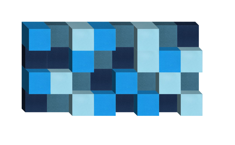 3D pixelated design with blue and teal checkered pattern in varying shades and depths.