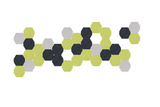 Cluster of lime green, dark navy, and light gray hexagons arranged in a horizontal geometric pattern.
