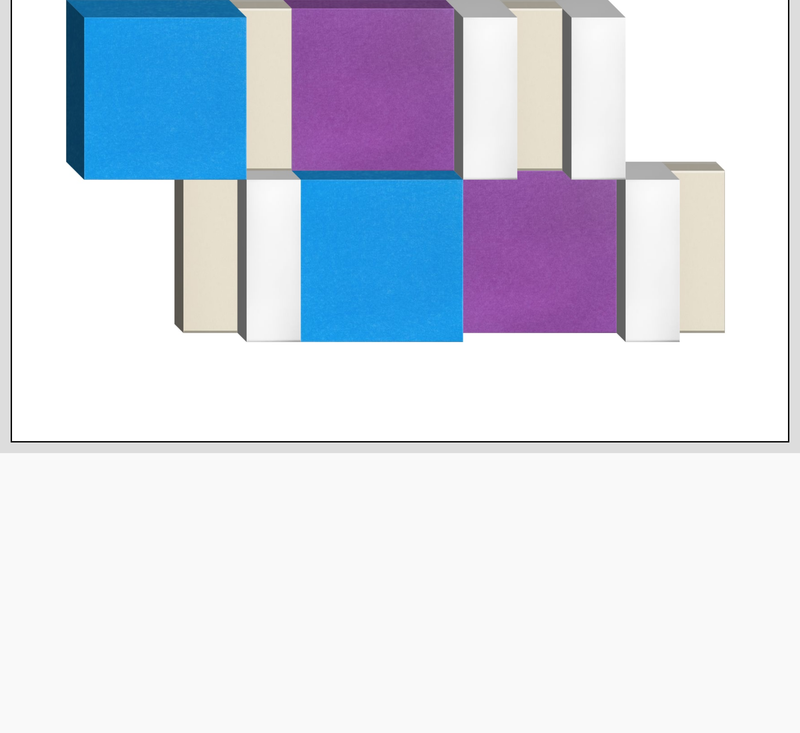 Three-dimensional geometric arrangement of blue, purple, beige, white, and gray rectangular blocks.