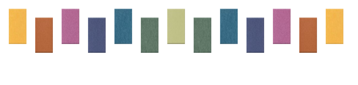 Row of thirteen rectangular color swatches in gold, terracotta, mauve, navy, teal, sage, chartreuse, and rust tones.