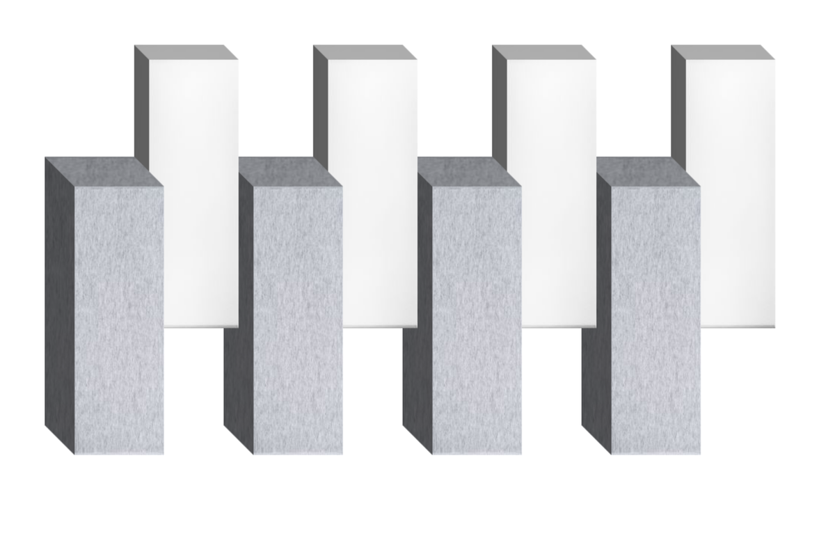 Four abstract 3D rectangular blocks in gray and white arranged in a staggered formation.