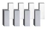 Four abstract 3D rectangular blocks in gray and white arranged in a staggered formation.