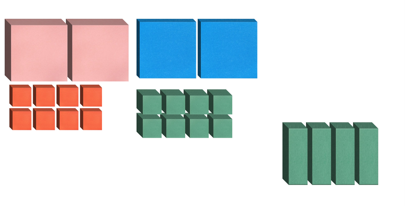 Assorted 3D cubes and rectangular blocks in pink, blue, orange, and green with varying sizes arranged in groups.