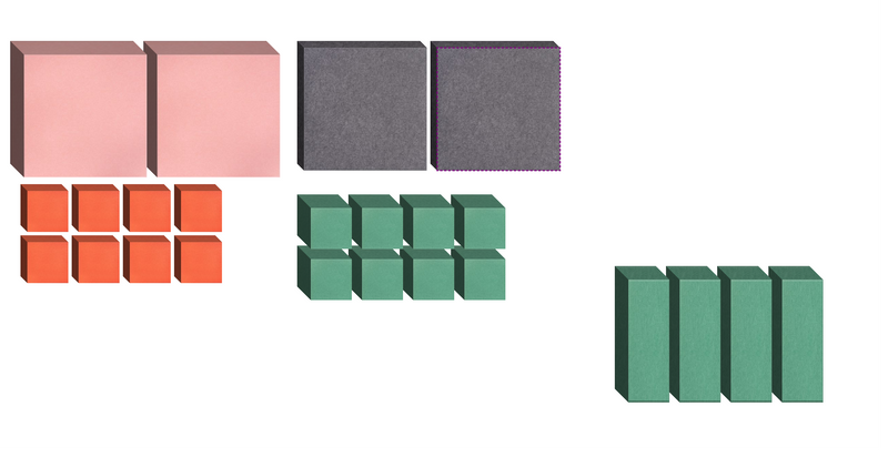 Four cube-shaped storage boxes in pink, gray, purple, orange, and green colors arranged in groups.