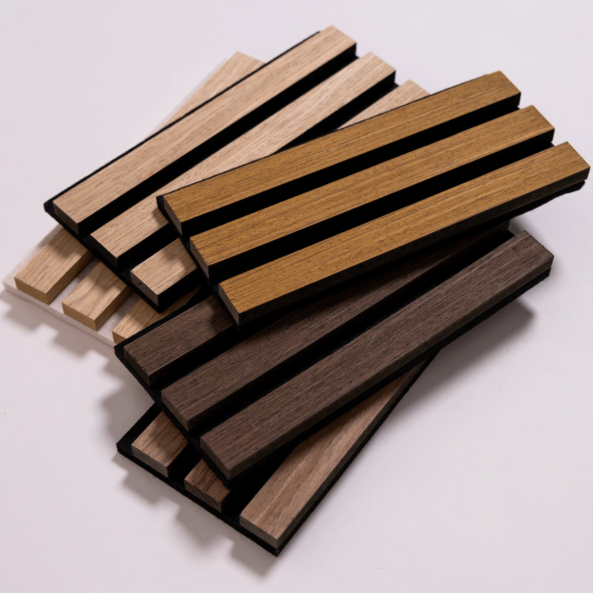Stack of wood slat acoustic panel samples