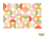 Abstract geometric headboard with colorful semicircles in coral, pink, gold, sage green, and cream arranged in grid pattern.